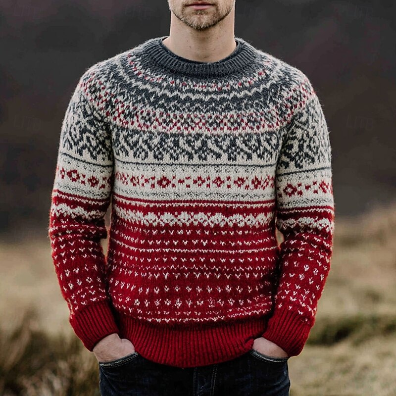 Christmas Men's Fair isle Sweater Pullover Sweater Jumper Knitwear Crewneck Casual Vacation Daily Festival 3D Print Keep Warm Long Sleeve Spring Fall Winter Red