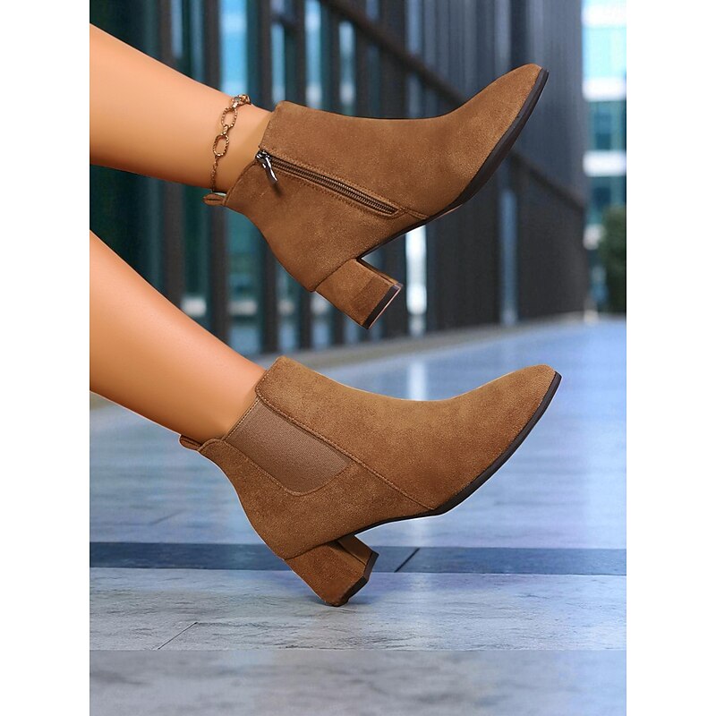 Women's Tan Faux Suede Ankle Boots – Mid Heel Side Zip Round Toe Short Chelsea Booties for Fall Streetwear and Casual Office Outfits2