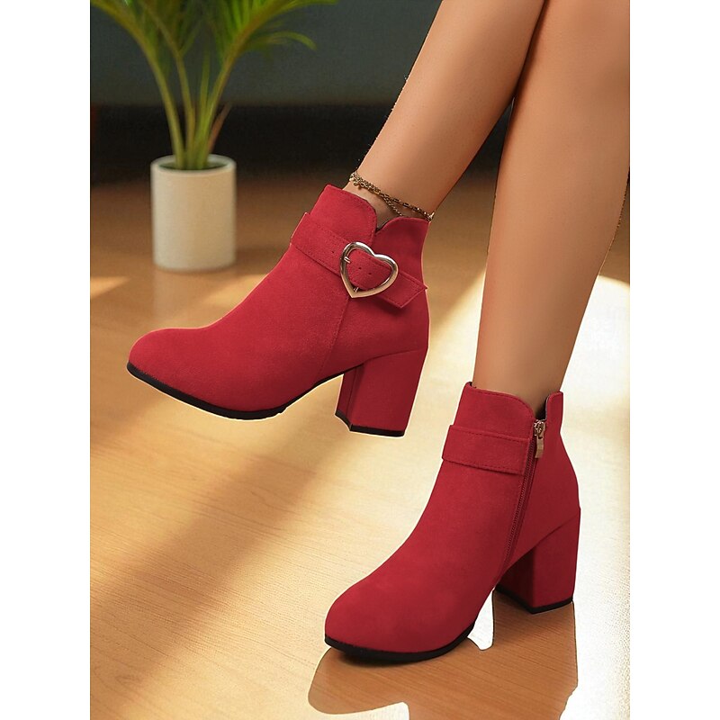 Women's Red Suede Ankle Boots with Heart Buckle - Chunky Heel Side-Zip Booties for Fall Fashion,  Christmas and Streetwear Outfits3