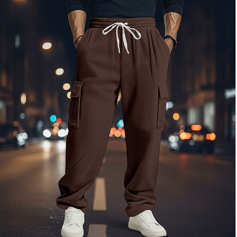 Men's Cargo Pants Trousers Corduroy Pants Casual Pants Drawstring Multi Pocket Plain Comfort Full Length Outdoor Daily Streetwear Fashion Classic Style Black Navy Blue Inelastic