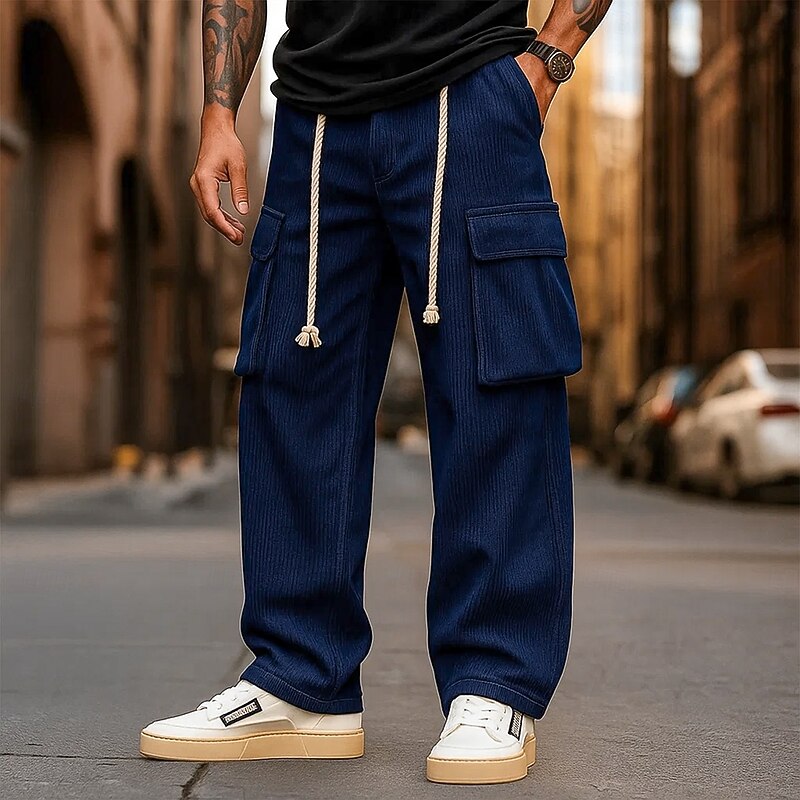 Men's Cargo Pants Cargo Trousers Corduroy Pants Zipper Pocket Buttons Solid Color Soft Breathable Full Length Formal Office Work Vacation Stylish Black White Inelastic3
