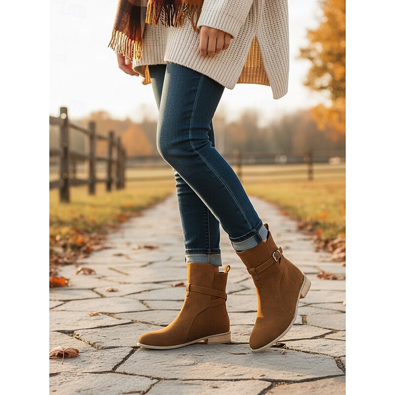 Women's Dark Brown Ankle Boots – Classic Buckle Strap Flat Casual Boots for Fall Outfits, Shopping and Everyday Wear4