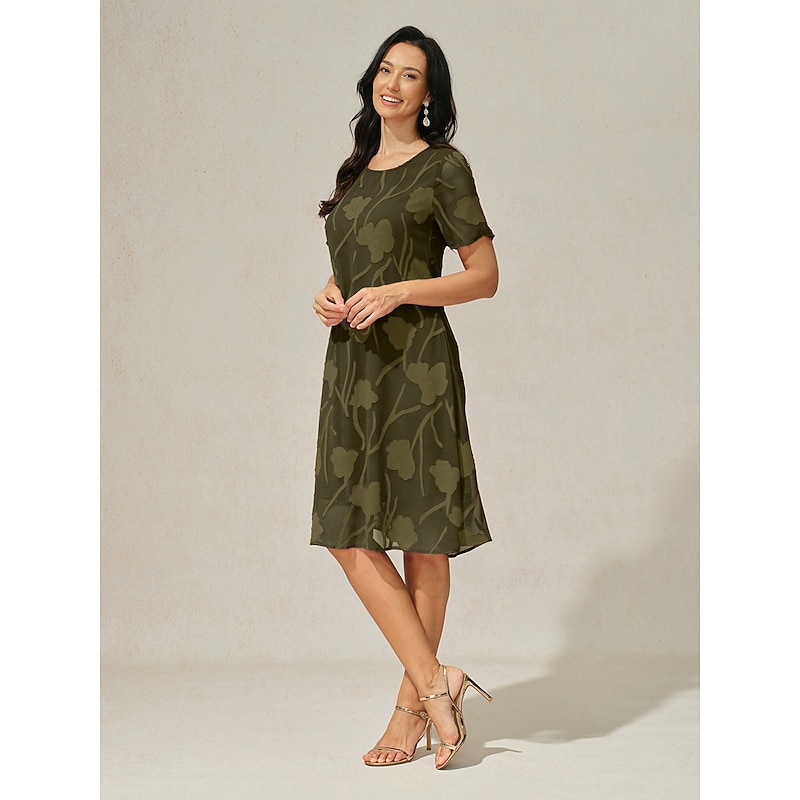 Women's Knee Length Dress Chiffon Dress Elegant Casual Loose Fit Floral Short Sleeve Crew Neck Olive Summer2