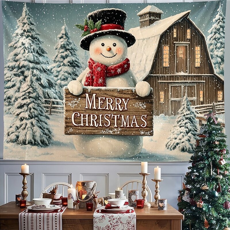 Christmas Wall Tapestry Backdrop, Snowman with Merry Christmas Sign Winter Scene Wall Hanging, 2025 Xmas Holiday Room Decoration for Living Room, Bedroom, Outdoor decoration2