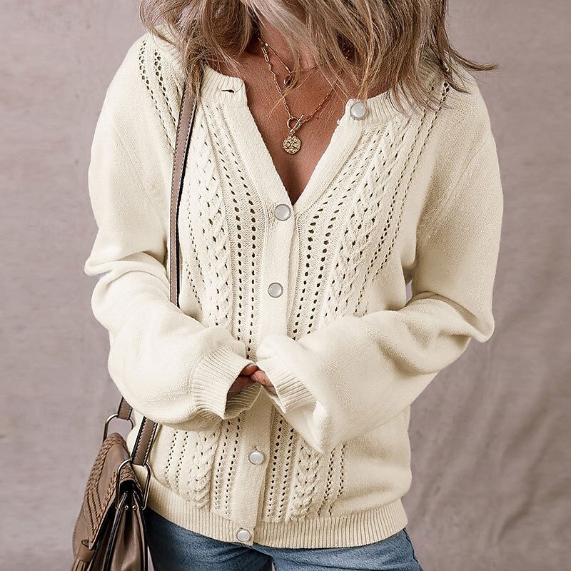 Women's Sweater Cardigan Streetwear Casual Solid Color V Neck Hollow Out Buttons Knitted Long Sleeve Regular Tops Knit Outdoor Daily Holiday Apricot Fall Winter