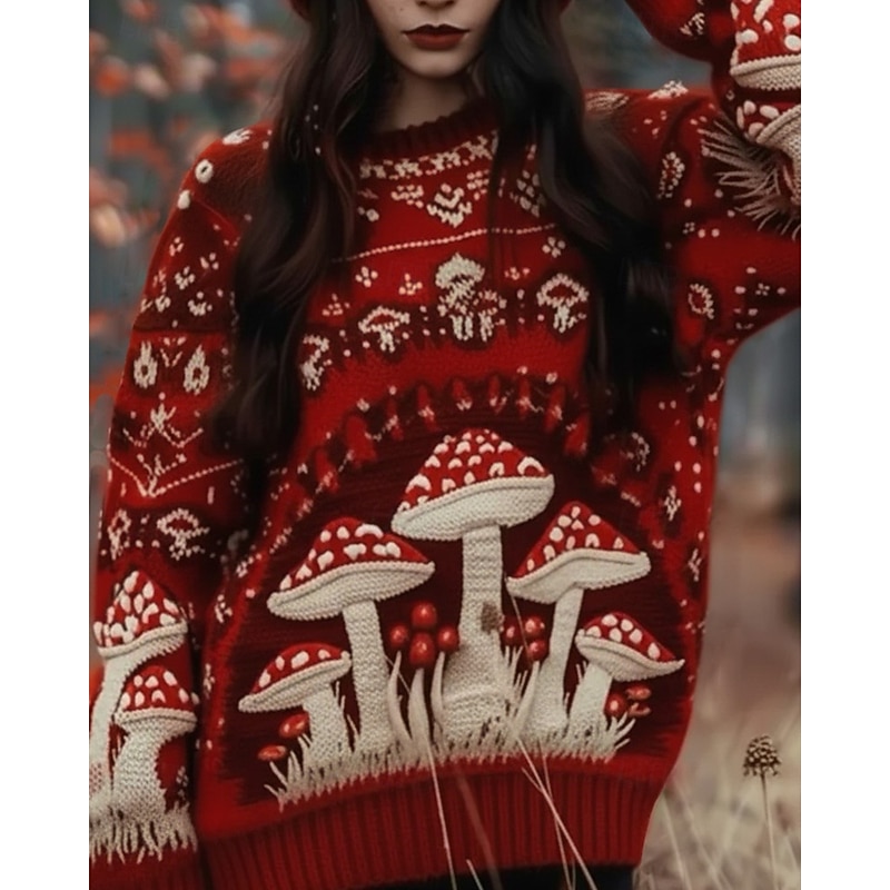 Women's Sweater Vintage Sweater Pullover Daily Casual Graphic Ribbed Crew Neck Knitted Print Long Sleeve Regular Tops Knit Outdoor Weekend Red Fall Winter
