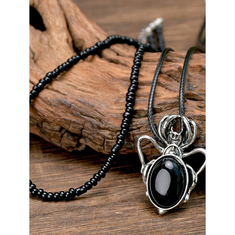 Women's Gothic Black Pendant Necklace - Double Layered Choker with Black Stone for Halloween Costume Party and Dark Fashion