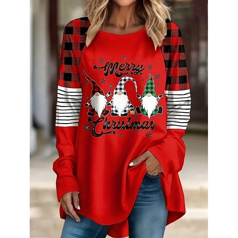 Christmas Women's T Shirt Graphic Santa Claus Geometry Vintage Stylish Classic Long Sleeve Crew Neck Long Tops Daily Going out Weekend Print Red Blue Spring Fall Winter