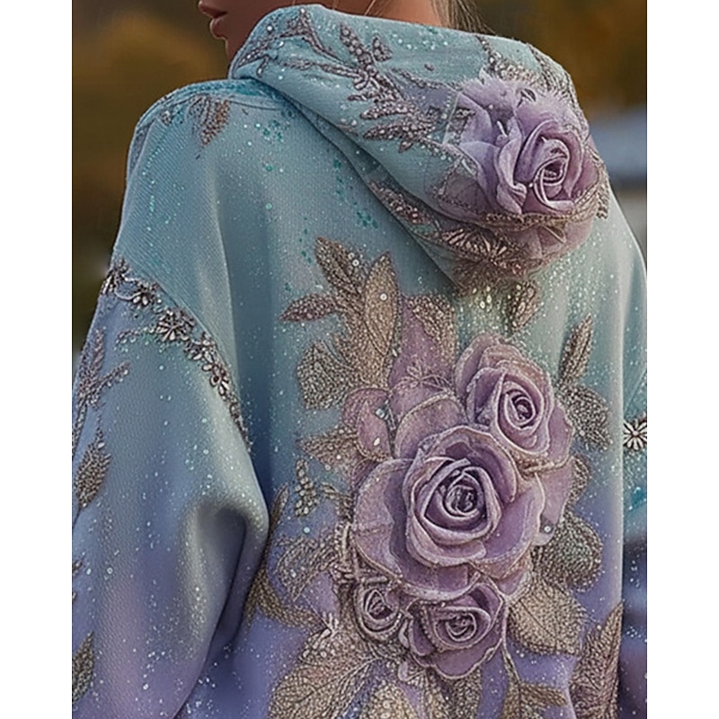 Women's Pullover Hoodies Floral Fashion Streetwear Casual Long Sleeve Hooded Regular Tops Dailywear Casual Sports Drawstring Pocket Print Blue Spring Fall3