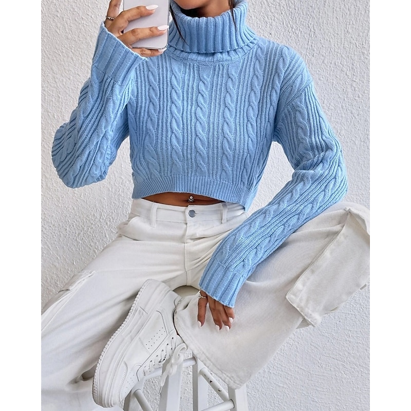 Women's Sweater Pullover Fashion Casual Pure Color Ribbed Turtleneck Knitted Long Sleeve Crop Tops Knit Outdoor Daily Weekend Blue Fall Winter3