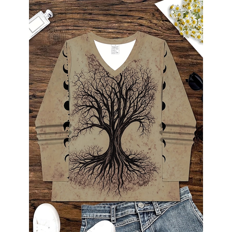Women's T Shirt Graphic Plants Vintage Stylish Classic Long Sleeve V Neck Regular Tops Daily Print Khaki Spring Fall Winter3