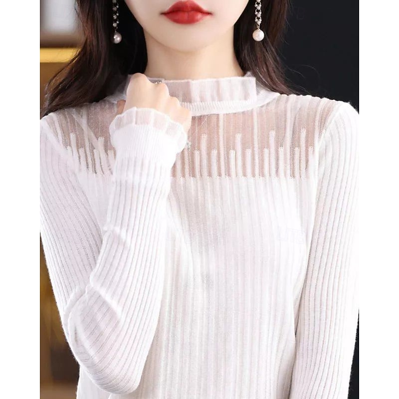 Women's Sweater Pullover Streetwear Casual Solid Color Stand Collar Lace Patchwork Knitted Long Sleeve Regular Tops Knit Daily Holiday Going out Black White Fall Winter