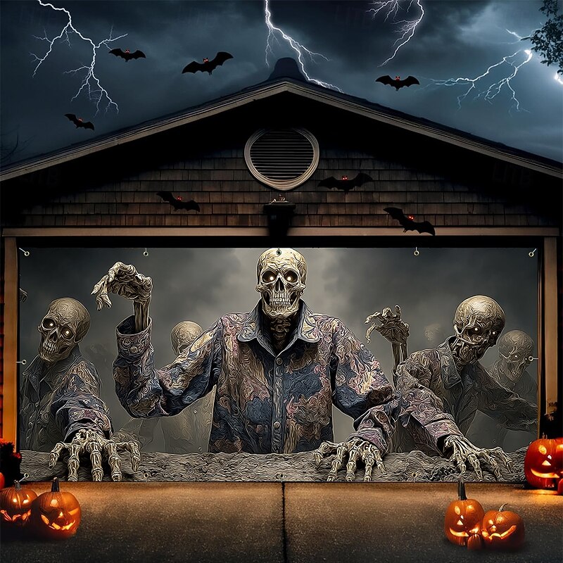 Halloween Tapestry Garage Door Cover Large Hanging Backdrop Skeleton 3D Print Dark Punk Gothic Style Party Outdoor Shooting Backgrounds Yard Haunted House Home Decor4