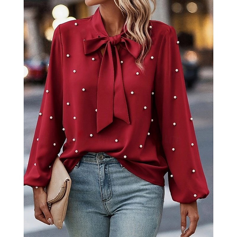 Women's Shirt Blouse Plain Stylish Long Sleeve Crew Neck Regular Tops Daily Holiday Going out Bow Red Spring Fall2