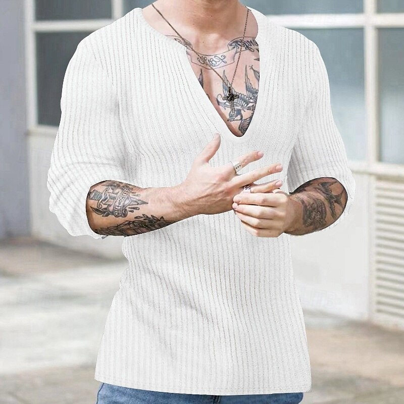 Men's Sweater Pullover Sweater Jumper Ribbed Knit Regular Tops Knitted Slim Fit Plain V Neck Knitwear Contemporary Casual Daily Wear Clothing Apparel Spring Fall Black White S M L4