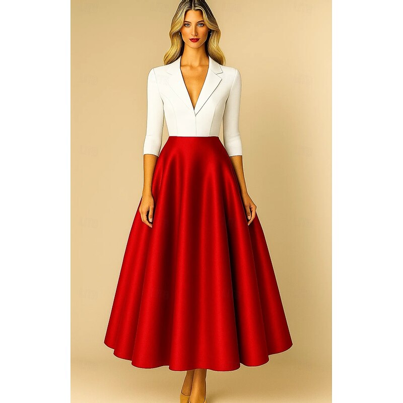 Black and White A-Line Cocktail Dresses Elegant Formal Dress Formal Wedding Tea Length Midi Length  3/4 Length Sleeve Notch lapel Stretch Crepe Top Satin Skirt with Pleats 20254