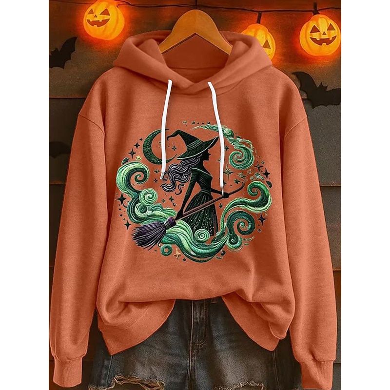 Halloween Women's Pullover Hoodie Sweatshirt Graphic Witch Vintage Fashion Western Long Sleeve Hooded Regular Tops Street Dailywear Holiday Print White Blue Orange Green Gray Fall Winter
