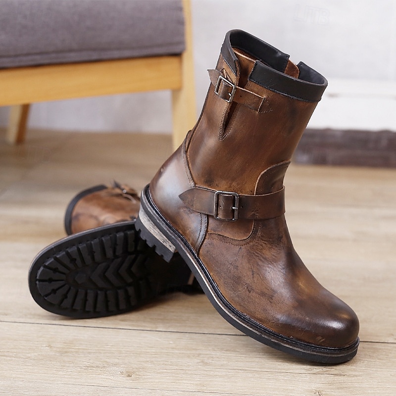 Men's Brown Mid-Calf Leather Boots – Genuine Cowhide Retro Motorcycle Riding Footwear with Buckle Strap for Biker Style and Outdoor Casual Use3