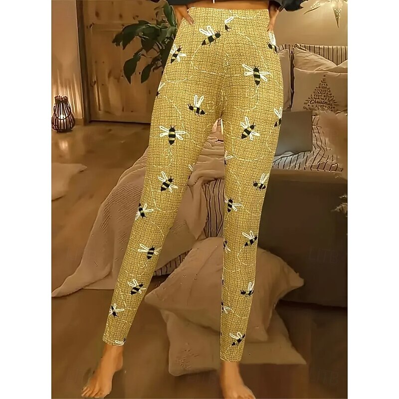 Women's Leggings Vacation Vintage Fashion Ankle-Length High Waist Graphic Leaf Animal Printing Thermal Warm Soft Breathable Stretchy Vacation Street Yellow Spring Fall Winter Slim Fit3