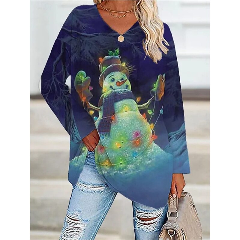 Christmas Women's Blouse Snowman Snowflake Stylish Beach Long Sleeve V Neck Regular Tops Daily Print White Navy Blue Purple Green Gray Spring Fall Winter4