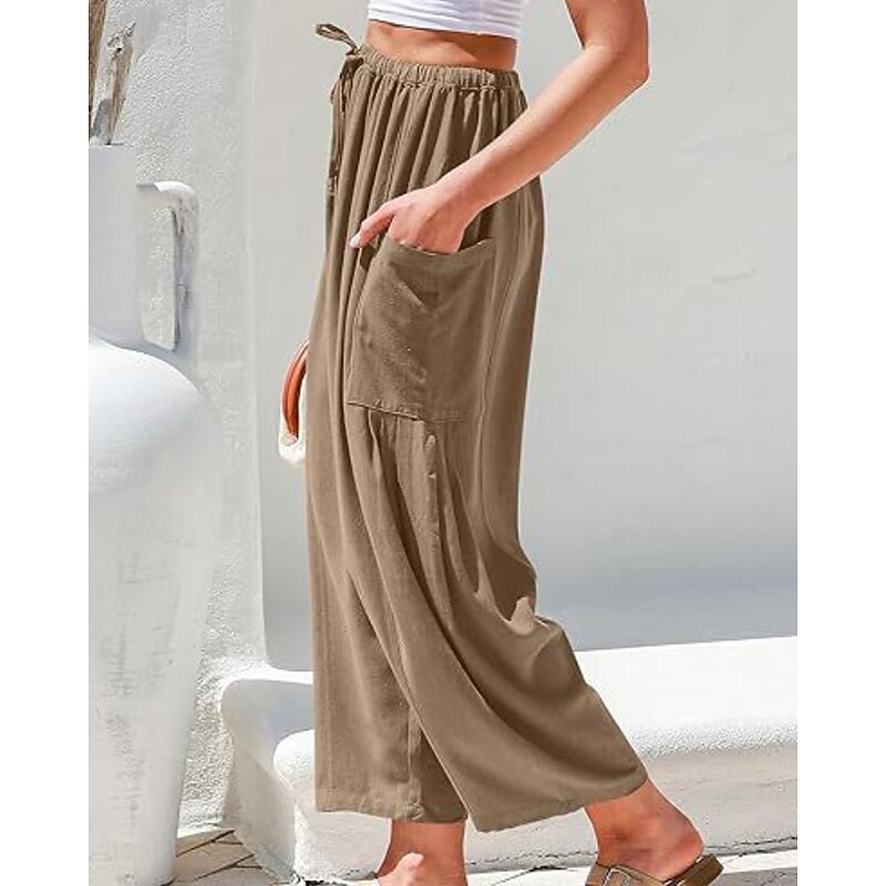 Women's Wide Leg Chinos Streetwear Casual Full Length Medium Waist Plain Drawstring Pocket Comfortable Micro-elastic Outdoor Vacation Street Dark red Lake blue Black White Spring Fall Regular Fit2