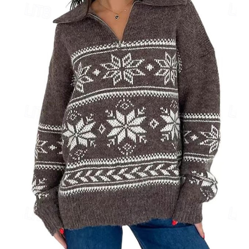 Women's Fair Isle Sweater Quarter Zip Pullover Elegant Vintage Daily Geometric Ribbed Shirt Collar Zipper Floral Long Sleeve Regular Tops Knit School Outdoor Home Black White Spring Fall3