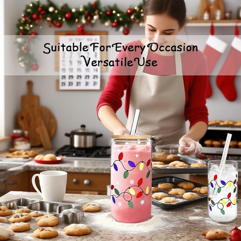 Color Changing Christmas Cup, Cute Color Changing Glass Cup, Bamboo Leakproof Lid & Steel Straw, Reusable Travel Mug for Iced Coffee, Smoothie, Cocktail, Xmas Party Decoration Gift Tumbler4