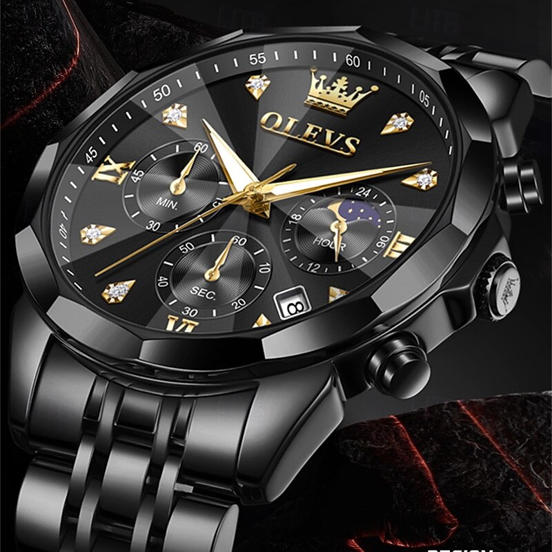 The New Olevs Men'S Business Watch With Luminous Calendar Small Three-Hand Moon Phase Display Multi-Functional Quartz Watch Waterproof Casual And Fashionable Men'S Sports Wristwatch4