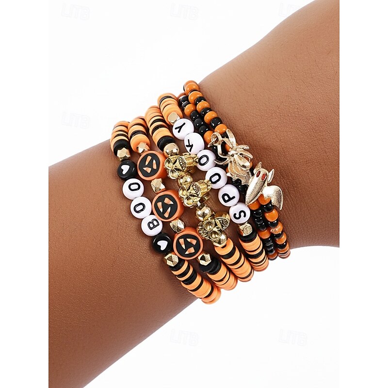 Women's Halloween Beaded Charm Bracelets – Colorful Stretch Stackable Bangles with Pumpkin, Ghost and Bat Pendants for Party Jewelry3