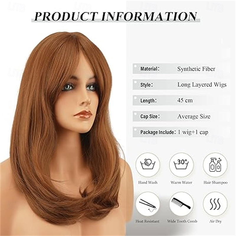 Wigs with Bangs for Women Synthetic Natural Looking Long Layered Straight Auburn Hair Wig for Women Daily Party Use 18 inch3