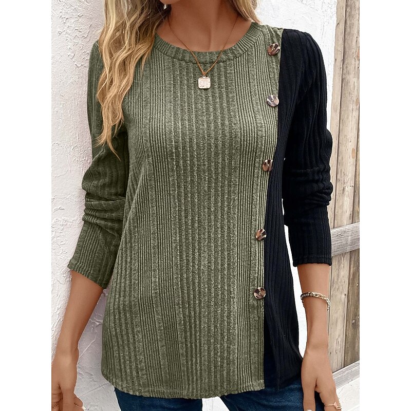 Women's Blouse Color Block Stylish Casual Long Sleeve Crew Neck Regular Tops Daily Ruched Buttons Light Green Wine Army Green Brown Khaki Spring Fall Winter