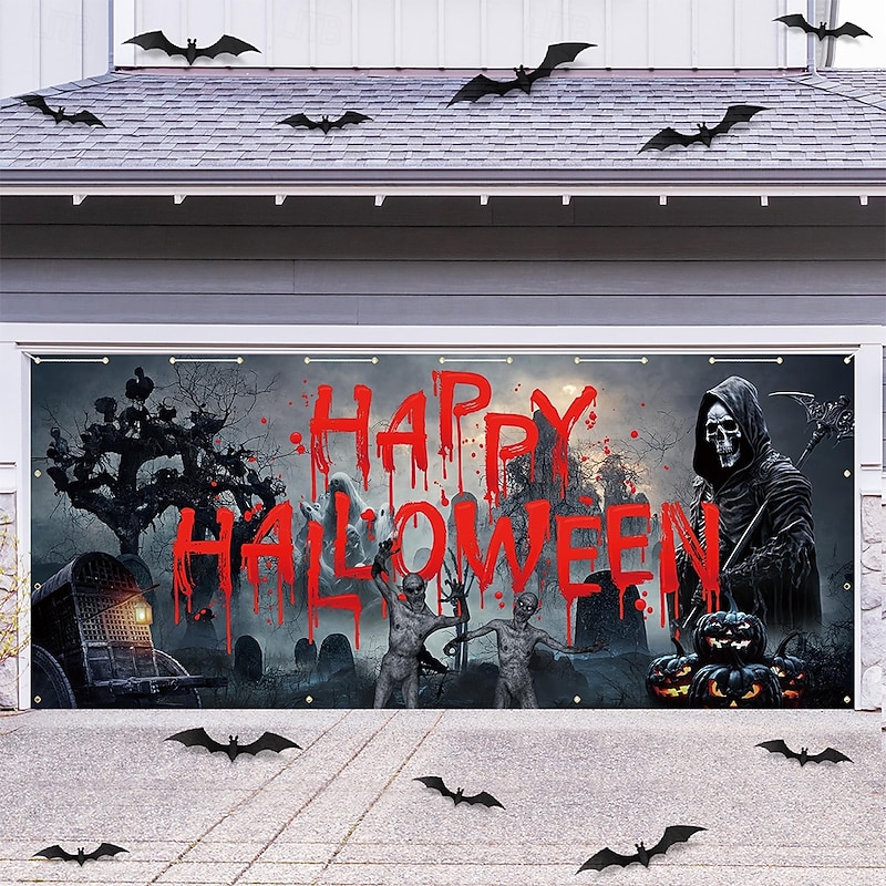 Halloween Garage Door Cover Large Hanging Backdrop Grim Reaper Bloodstains 3D Dark Punk Gothic Style Party Outdoor Shooting Backgrounds Yard Haunted House Home Decor