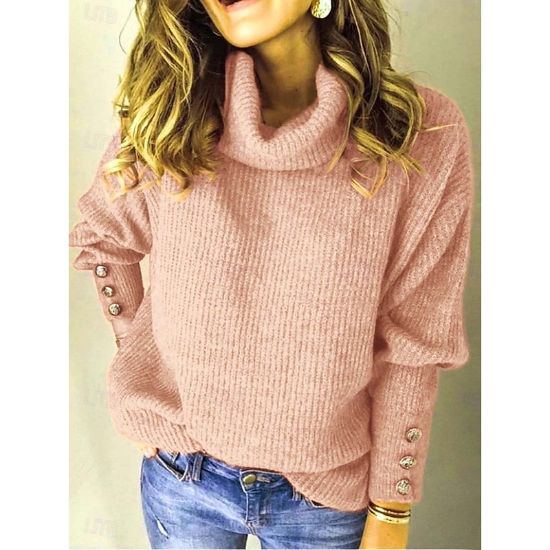 Women's Sweater Casual Soft Pure Color Ribbed Turtleneck Buttons Knitted Long Sleeve Regular Tops Knit Outdoor Daily Weekend White Pink Fall Winter3