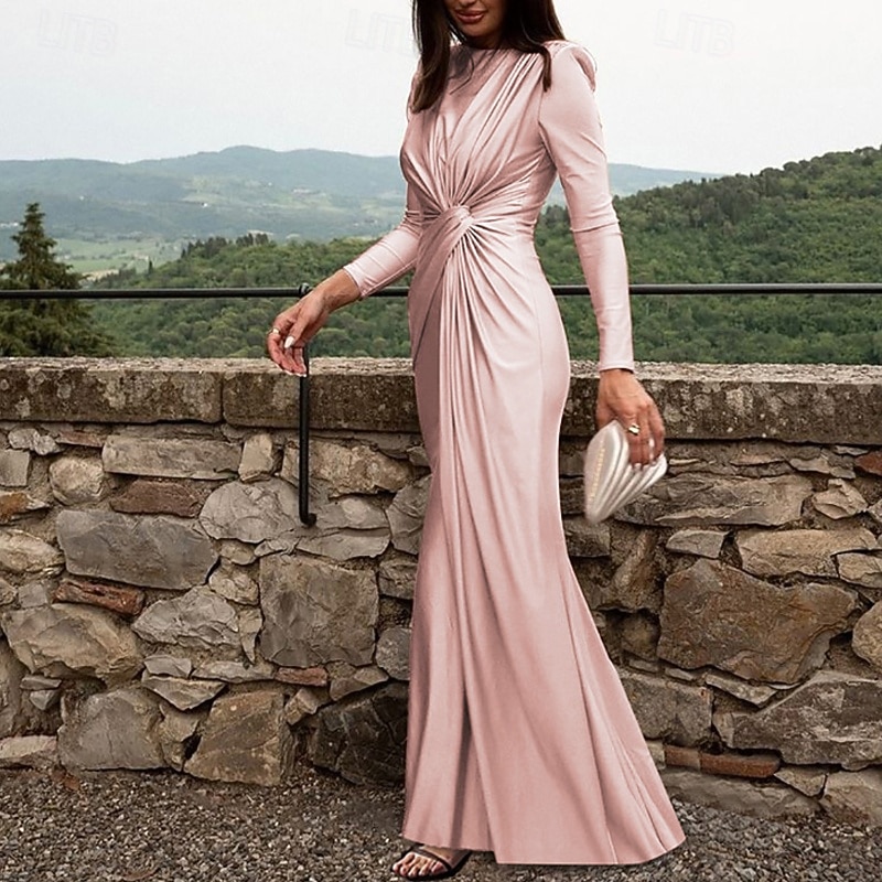 Women's Long Dress Maxi Dress Prom Dress Party Dress Satin Dress Elegant Modern Party Special Occasion Evening Party Regular Fit Plain Long Sleeve Crew Neck Black Pink Red Royal Blue Fall Winter4