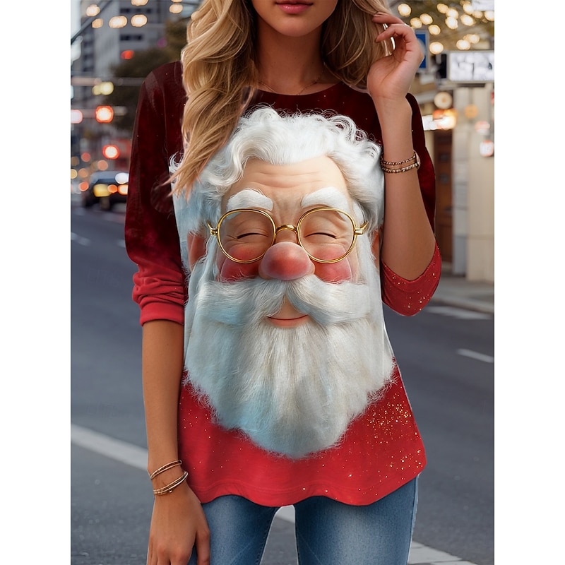 Christmas Women's T Shirt Santa Claus Snowflake Casual Long Sleeve Crew Neck Regular Tops Weekend Print White Yellow Red Fuchsia Orange Winter4