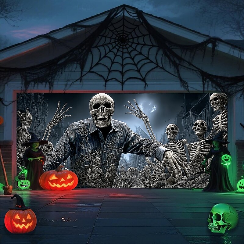 Halloween Tapestry Garage Door Cover Large Hanging Backdrop Skeleton 3D Print Dark Punk Gothic Style Party Outdoor Shooting Backgrounds Yard Haunted House Home Decor3