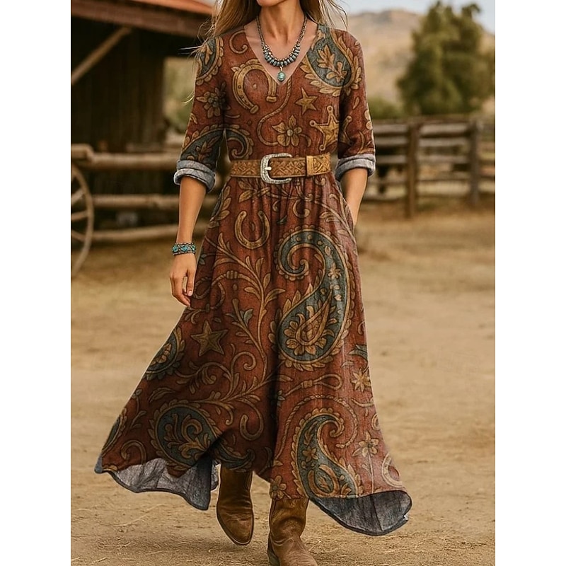 Women's Maxi Dress A Line Dress Vacation Casual Boho Going out Beach Regular Fit Floral Graphic Paisley Long Sleeve V Neck Blue Light Purple Brown Green Spring Fall Winter2