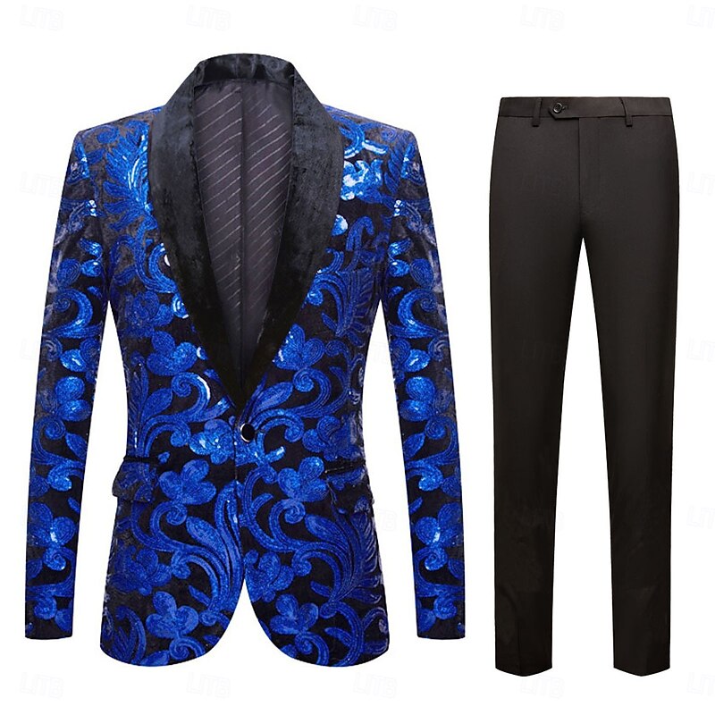 Men's Party Party Suits Shawl Lapel Blue Formal Solid Colored Tailored Fit 2 Piece