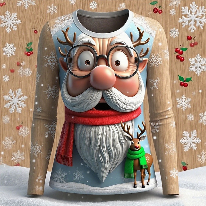 Christmas Women's T Shirt Graphic Santa Claus Fashion Casual Long Sleeve Crew Neck Regular Tops Daily Weekend Print Red Blue Khaki Summer Spring Fall3