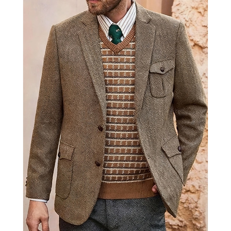 Men's Blazer Business Cocktail Party Wedding Party Fashion Casual Spring Fall 85% Cotton Plain Pocket Buttons Comfortable Single Breasted Blazer Camel