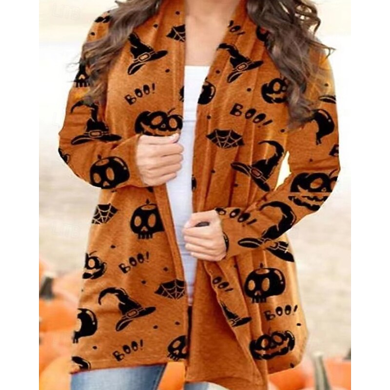 Women's Winter Coat Warm Comfortable Print Casual Halloween Skull Halloween Going out Weekend Cardigan Regular V Neck Regular Fit Long Sleeve Outerwear Orange Light Grey Dark Gray Fall Winter3