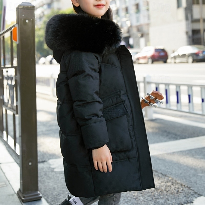 Kids Girls' Down Jacket Outdoor Jacket Puffer Jacket Solid Color Fashion Keep Warm Windproof Outdoor Coat Outerwear 4-12 Years Fall Black Purple3