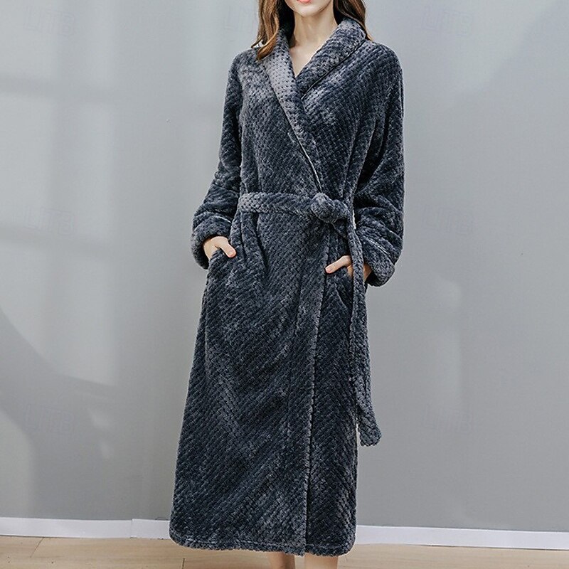 Women's Pajamas Robe Nightgown Casual Pure Color Pocket Vacation Home Bed Long Sleeve Lapel White Wine Navy Blue Rose Red Gray Fall Winter Tailored Fit4