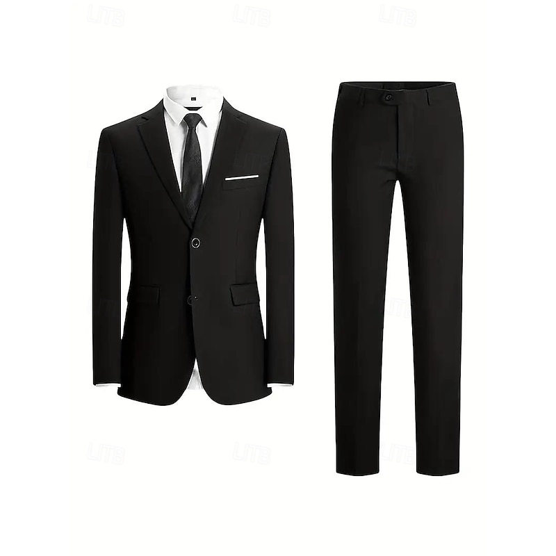 Men's Wedding Party Business Suits Notch Lapel Black Royal Blue Formal Solid Colored Tailored Fit 2 Piece Single Breasted Two-buttons3