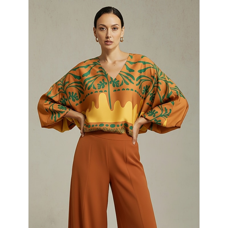 Women's Top Satin Khaki Floral Vacation Print Lantern Sleeve V Neck Spring Autumn Casual