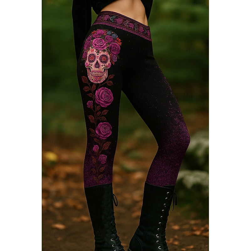 Halloween Women's Leggings Vacation Vintage Ethnic Style Full Length High Waist Graphic Skull 3D Print Quick Dry Breathability Soft Stretchy Formal Outdoor Vacation Pink Blue Purple Green Fall Winter2