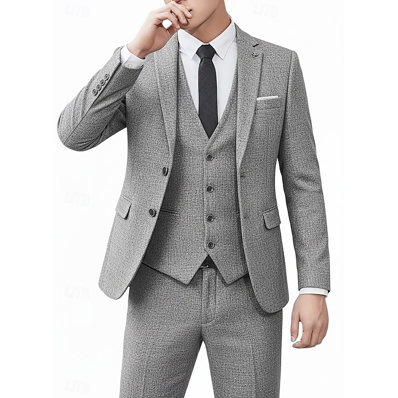 Men's Wedding Business Tweed Suits Notch Lapel Black Burgundy Daily Formal Solid Colored Tailored Fit 3 Piece Single Breasted Two-buttons4