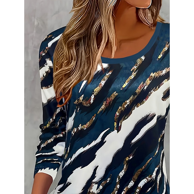 Women's T Shirt Graphic Striped Abstract Vintage Stylish Classic Long Sleeve Crew Neck Round Neck Regular Tops Daily Print Navy Blue Spring Fall Winter2