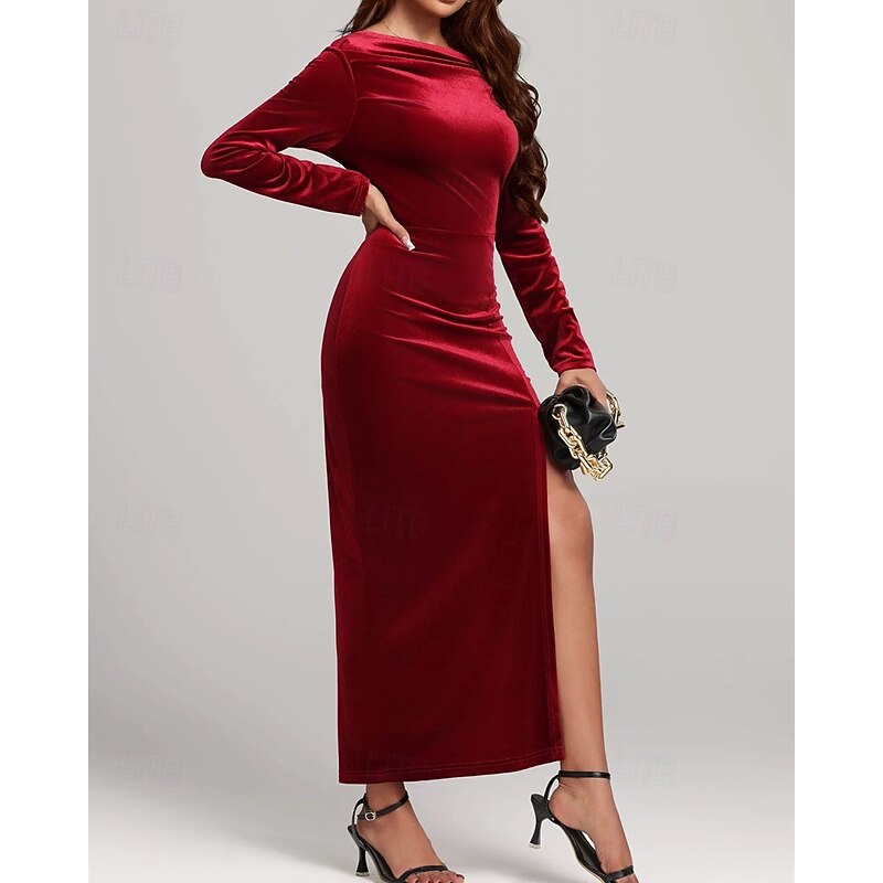 Women's Midi Dress Velvet Dress Cocktail Dress Elegant Fashion Modern Outdoor Party Party Evening Wear Regular Fit Plain Long Sleeve Off Shoulder Red Spring Autumn4