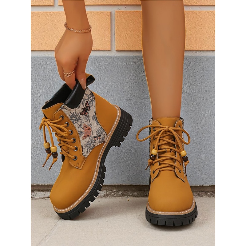 Women's Yellow Lace-Up Ankle Boots with Jacquard Fabric Panels – Fashion Hiking Style Shoes for Autumn, Winter & Outdoor Casual Outfits